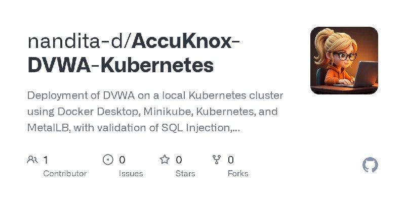 GitHub - nandita-d/AccuKnox-DVWA-Kubernetes: Deployment of DVWA on a local Kubernetes cluster using Docker Desktop, Minikube, Kubernetes…