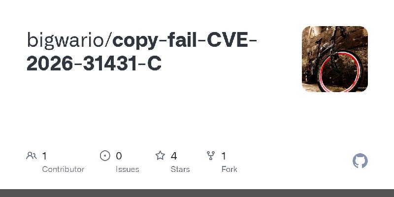 GitHub - bigwario/copy-fail-CVE-2026-31431-C