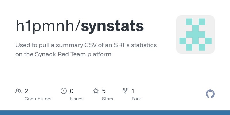 GitHub - h1pmnh/synstats: Used to pull a summary CSV of an SRT's statistics on the Synack Red Team platform