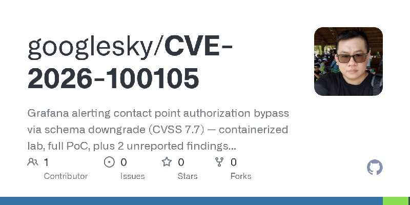 GitHub - googlesky/CVE-2026-100105: Grafana alerting contact point authorization bypass via schema downgrade (CVSS 7.7) — containerized…
