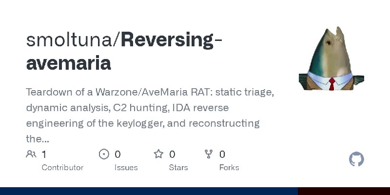 GitHub - smoltuna/Reversing-avemaria: Teardown of a Warzone/AveMaria RAT: static triage, dynamic analysis, C2 hunting, IDA reverse…
