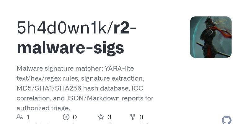GitHub - 5h4d0wn1k/r2-malware-sigs: Malware signature matcher: YARA-lite text/hex/regex rules, signature extraction, MD5/SHA1/SHA256…