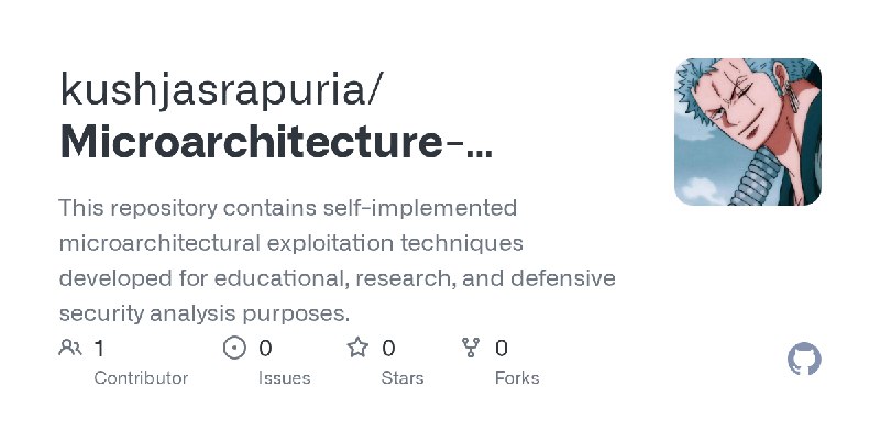 GitHub - kushjasrapuria/Microarchitecture-Exploitation: This repository contains self-implemented microarchitectural exploitation…