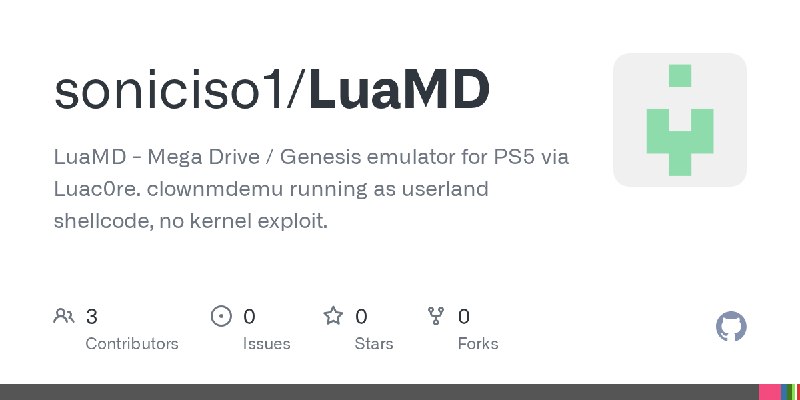 GitHub - soniciso1/LuaMD: LuaMD - Mega Drive / Genesis emulator for PS5 via Luac0re. clownmdemu running as userland shellcode,…