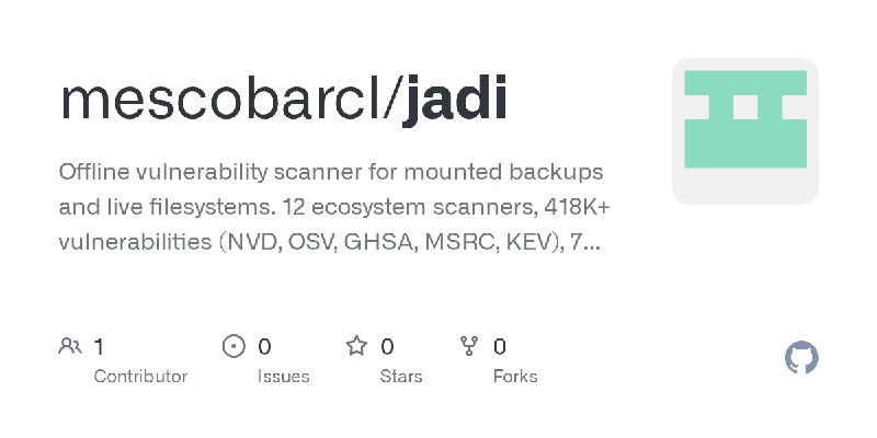 GitHub - mescobarcl/jadi: Offline vulnerability scanner for mounted backups and live filesystems. 12 ecosystem scanners, 418K+…