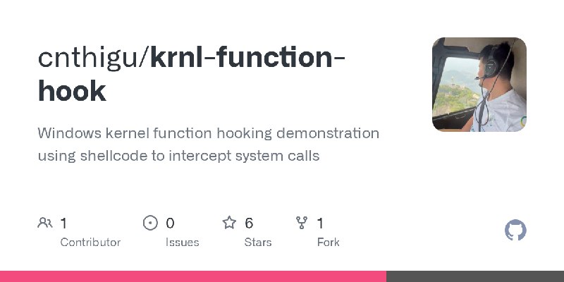 GitHub - cnthigu/krnl-function-hook: Windows kernel function hooking demonstration using shellcode to intercept system calls