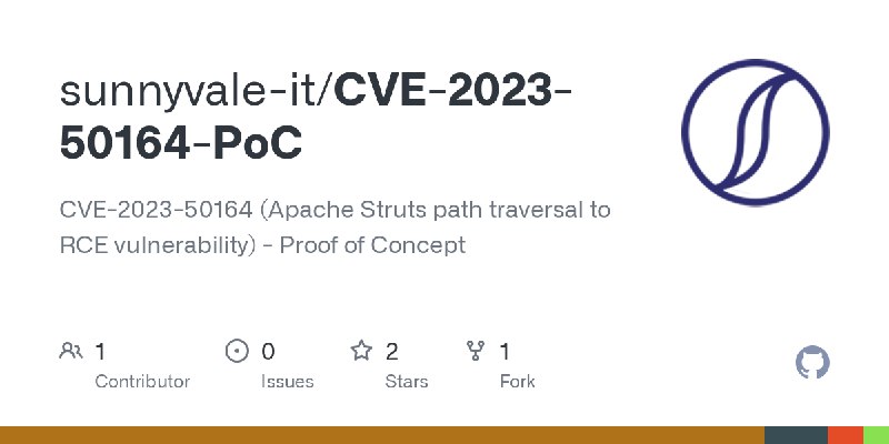 GitHub - sunnyvale-it/CVE-2023-50164-PoC: CVE-2023-50164 (Apache Struts path traversal to RCE vulnerability) - Proof of Concept