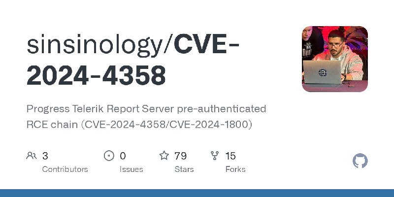GitHub - sinsinology/CVE-2024-4358: Progress Telerik Report Server pre-authenticated RCE chain (CVE-2024-4358/CVE-2024-1800)