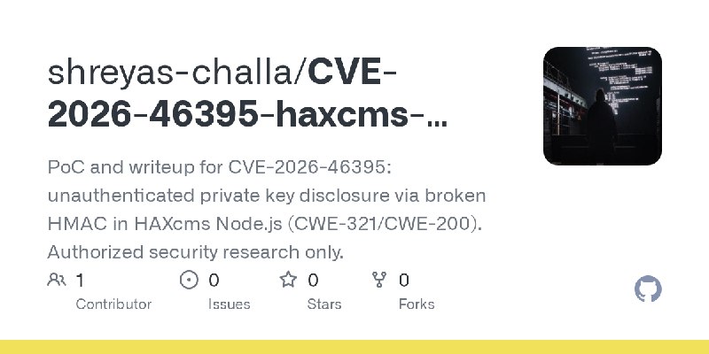 GitHub - shreyas-challa/CVE-2026-46395-haxcms-hmac-key-leak: PoC and writeup for CVE-2026-46395: unauthenticated private key disclosure…