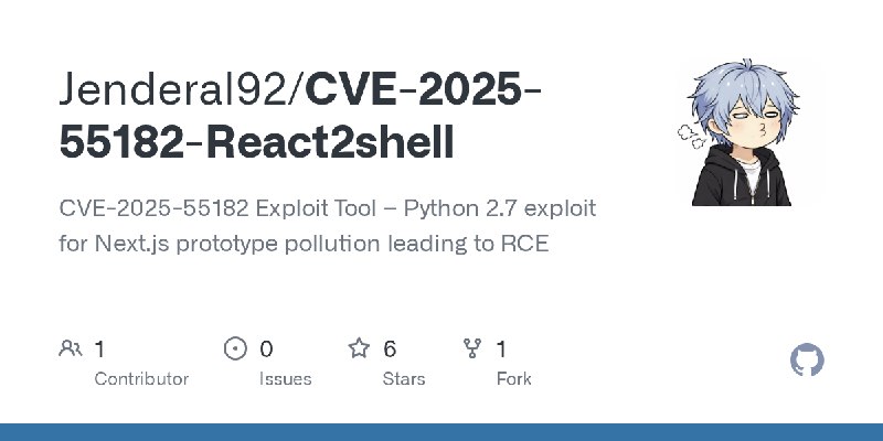 GitHub - Jenderal92/CVE-2025-55182-React2shell: CVE-2025-55182 Exploit Tool – Python 2.7 exploit for Next.js prototype pollution…