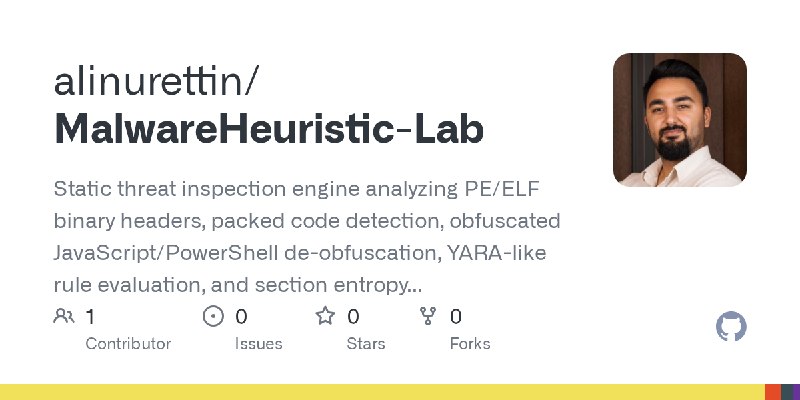 GitHub - alinurettin/MalwareHeuristic-Lab: Static threat inspection engine analyzing PE/ELF binary headers, packed code detection…