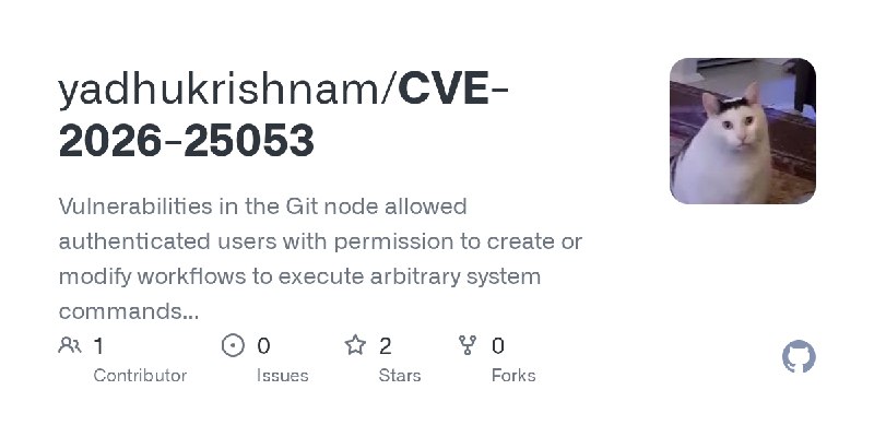 GitHub - yadhukrishnam/CVE-2026-25053: Vulnerabilities in the Git node allowed authenticated users with permission to create or…