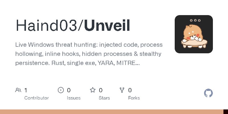 GitHub - Haind03/Unveil: Live Windows threat hunting: injected code, process hollowing, inline hooks, hidden processes & stealthy…