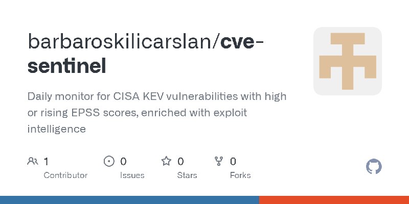 GitHub - barbaroskilicarslan/cve-sentinel: Daily monitor for CISA KEV vulnerabilities with high or rising EPSS scores, enriched…