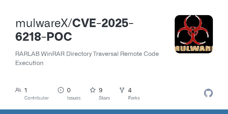 GitHub - mulwareX/CVE-2025-6218-POC: RARLAB WinRAR Directory Traversal Remote Code Execution