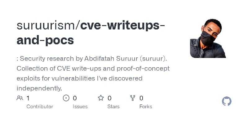 GitHub - suruurism/cve-writeups-and-pocs: : Security research by Abdifatah Suruur (suruur). Collection of CVE write-ups and proof…