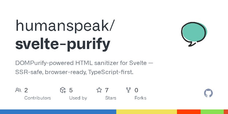 GitHub - humanspeak/svelte-purify: DOMPurify-powered HTML sanitizer for Svelte — SSR-safe, browser-ready, TypeScript-first.
