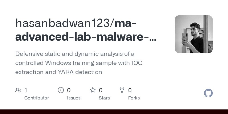 GitHub - hasanbadwan123/ma-advanced-lab-malware-analysis: Defensive static and dynamic analysis of a controlled Windows training…