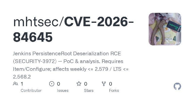 GitHub - mhtsec/CVE-2026-84645: Jenkins PersistenceRoot Deserialization RCE (SECURITY-3972) — PoC & analysis. Requires Item/Configure;…