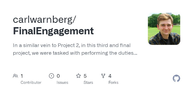 GitHub - carlwarnberg/FinalEngagement: In a similar vein to Project 2, in this third and final project, we were tasked with performing…