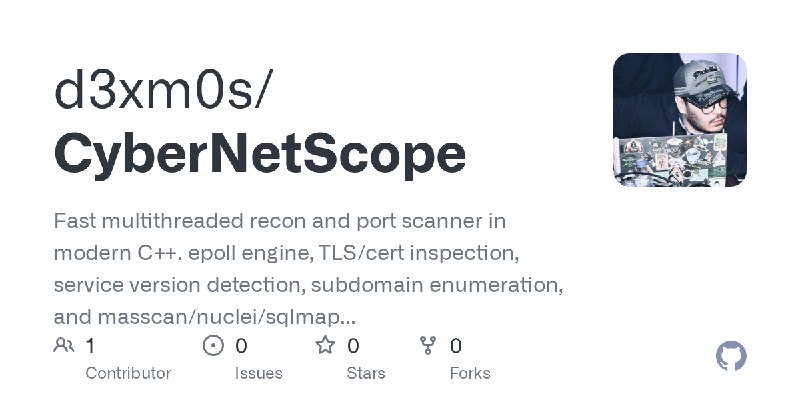 GitHub - d3xm0s/CyberNetScope: Fast multithreaded recon and port scanner in modern C++. epoll engine, TLS/cert inspection, service…