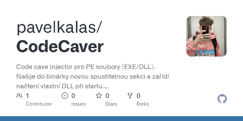 GitHub - pavelkalas/CodeCaver: Code cave injector pro PE soubory (EXE/DLL). Našije do binárky novou spustitelnou sekci a zařídí…
