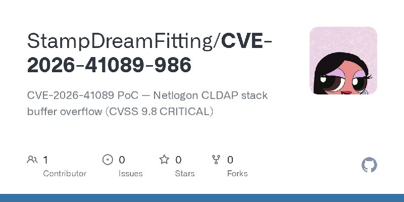 GitHub - StampDreamFitting/CVE-2026-41089-986: CVE-2026-41089 PoC — Netlogon CLDAP stack buffer overflow (CVSS 9.8 CRITICAL)