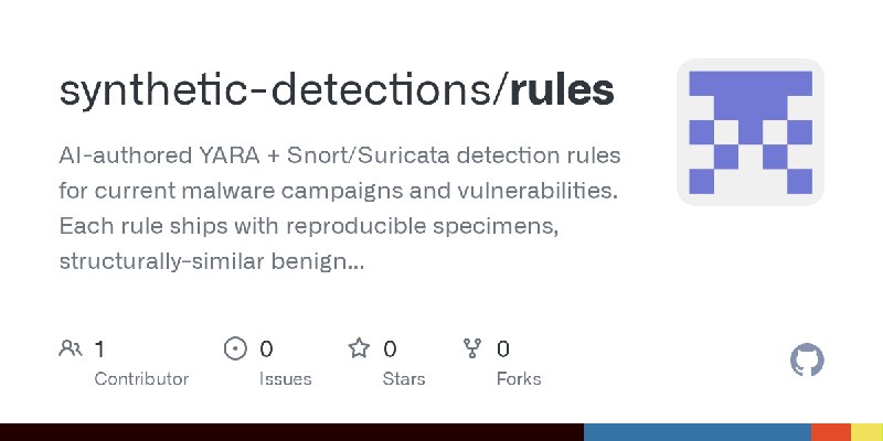 GitHub - synthetic-detections/rules: AI-authored YARA + Snort/Suricata detection rules for current malware campaigns and vulnerabilities.…