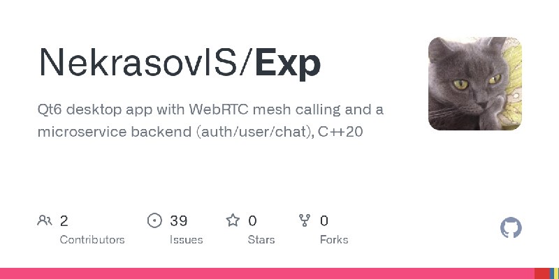 GitHub - NekrasovIS/Exp: Qt6 desktop app with WebRTC mesh calling and a microservice backend (auth/user/chat), C++20