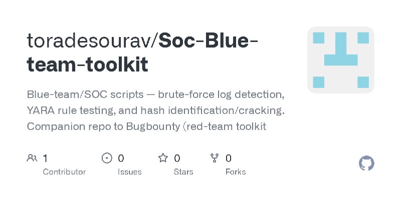 GitHub - toradesourav/Soc-Blue-team-toolkit: Blue-team/SOC scripts — brute-force log detection, YARA rule testing, and hash id…