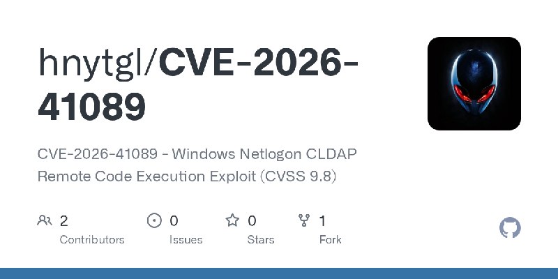 GitHub - hnytgl/CVE-2026-41089: CVE-2026-41089 - Windows Netlogon CLDAP Remote Code Execution Exploit (CVSS 9.8)