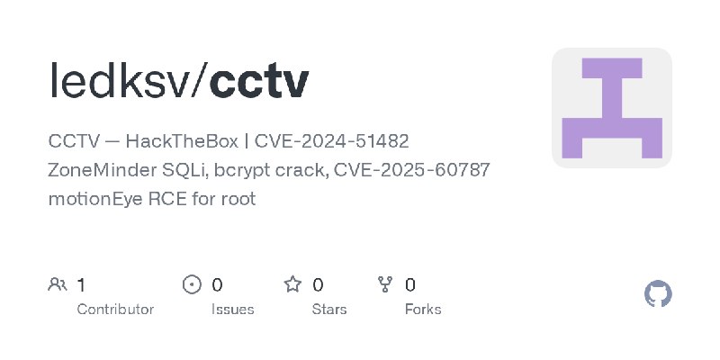 GitHub - ledksv/cctv: CCTV — HackTheBox | CVE-2024-51482 ZoneMinder SQLi, bcrypt crack, CVE-2025-60787 motionEye RCE for root