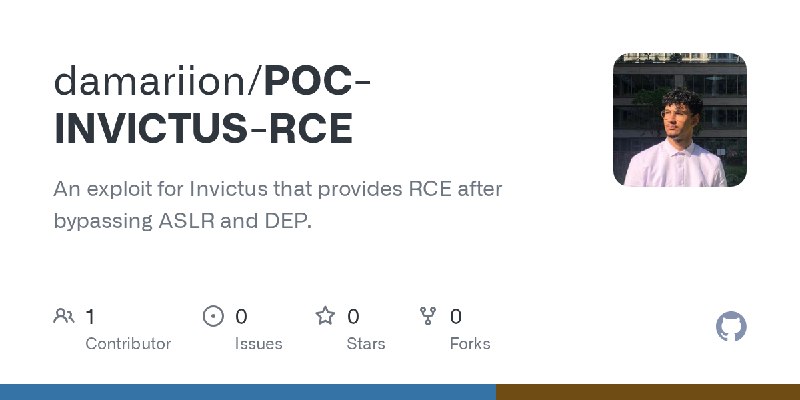 GitHub - damariion/POC-INVICTUS-RCE: An exploit for Invictus that provides RCE after bypassing ASLR and DEP.