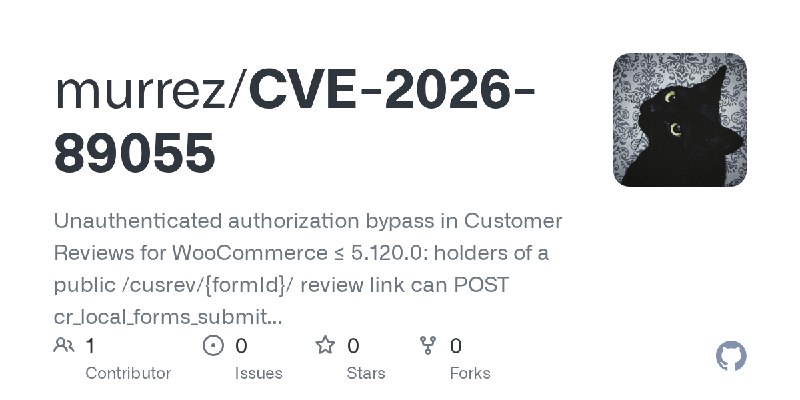 GitHub - murrez/CVE-2026-89055: Unauthenticated authorization bypass in Customer Reviews for WooCommerce ≤ 5.120.0: holders of…