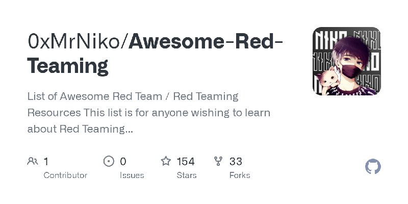GitHub - 0xMrNiko/Awesome-Red-Teaming: List of Awesome Red Team / Red Teaming Resources  This list is for anyone wishing to learn…