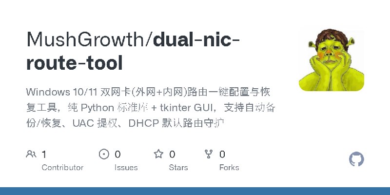 GitHub - MushGrowth/dual-nic-route-tool: Windows 10/11 双网卡(外网+内网)路由一键配置与恢复工具，纯 Python 标准库 + tkinter GUI，支持自动备份/恢复、UAC 提权、DHCP 默认路由守护