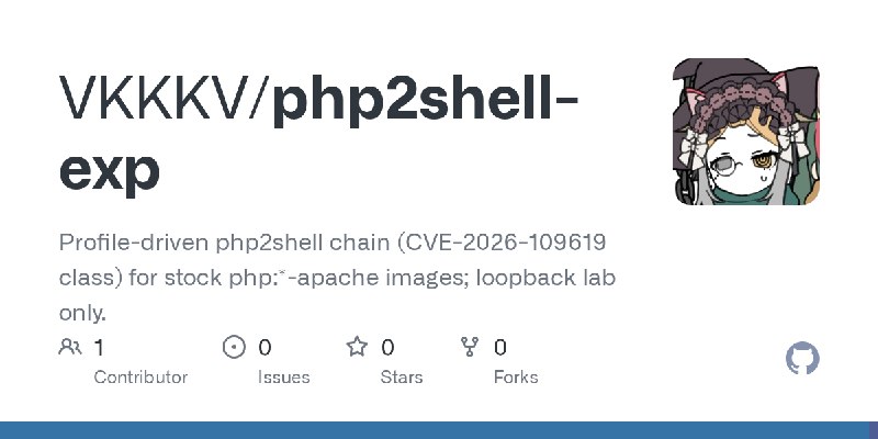 GitHub - VKKKV/php2shell-exp: Profile-driven php2shell chain (CVE-2026-109619 class) for stock php:*-apache images; loopback lab…