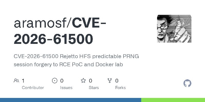 GitHub - aramosf/CVE-2026-61500: CVE-2026-61500 Rejetto HFS predictable PRNG session forgery to RCE PoC and Docker lab