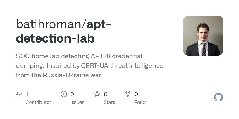 GitHub - batihroman/apt-detection-lab: SOC home lab detecting APT28 credential dumping. Inspired by CERT-UA threat intelligence…