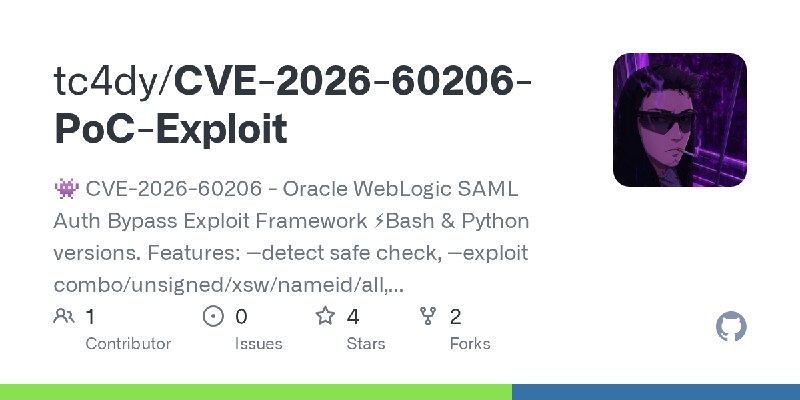 GitHub - tc4dy/CVE-2026-60206-PoC-Exploit: 👾 CVE-2026-60206 - Oracle WebLogic SAML Auth Bypass Exploit Framework ⚡Bash & Python…