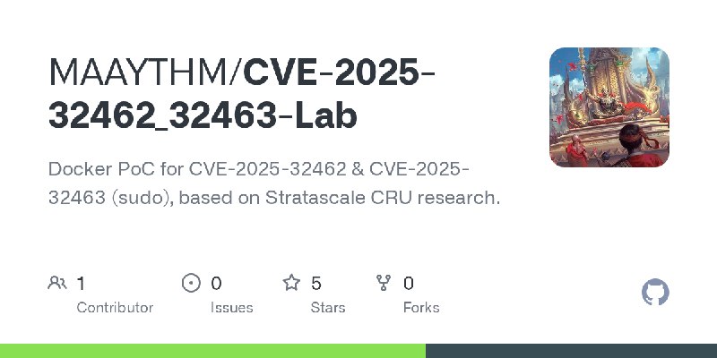 GitHub - MAAYTHM/CVE-2025-32462_32463-Lab: Docker PoC for CVE-2025-32462 & CVE-2025-32463 (sudo), based on Stratascale CRU research.