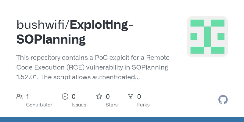 GitHub - bushwifi/Exploiting-SOPlanning: This repository contains a PoC exploit for a Remote Code Execution (RCE) vulnerability…