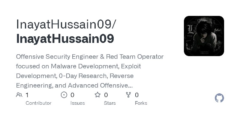 GitHub - InayatHussain09/InayatHussain09: Offensive Security Engineer & Red Team Operator focused on Malware Development, Exploit…