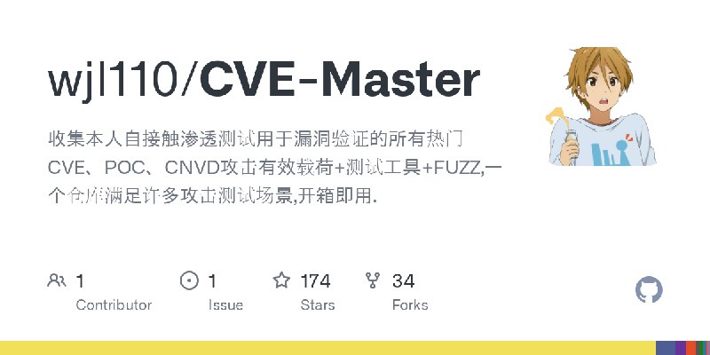 GitHub - wjl110/CVE-Master: 收集本人自接触渗透测试用于漏洞验证的所有热门CVE、POC、CNVD攻击有效载荷+测试工具+FUZZ,一个仓库满足许多攻击测试场景,开箱即用.
