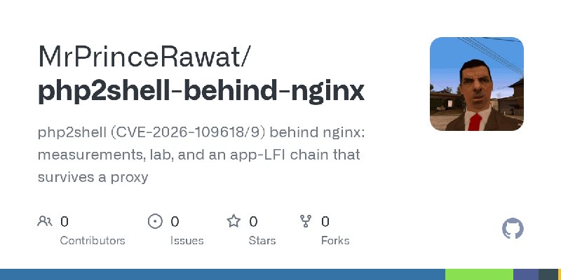 GitHub - MrPrinceRawat/php2shell-behind-nginx: php2shell (CVE-2026-109618/9) behind nginx: measurements, lab, and an app-LFI chain…