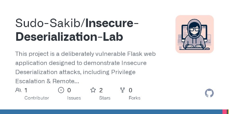 GitHub - Sudo-Sakib/Insecure-Deserialization-Lab: This project is a deliberately vulnerable Flask web application designed to demonstrate…