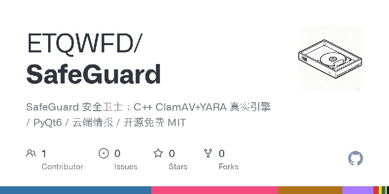 GitHub - ETQWFD/SafeGuard: SafeGuard 安全卫士：C++ ClamAV+YARA 真实引擎 / PyQt6 / 云端情报 / 开源免费 MIT