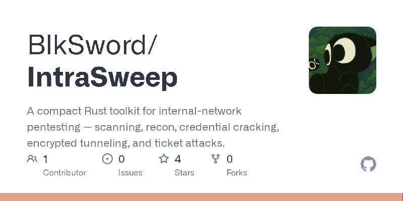 GitHub - BlkSword/IntraSweep: A compact Rust toolkit for internal-network pentesting — scanning, recon, credential cracking, encrypted…
