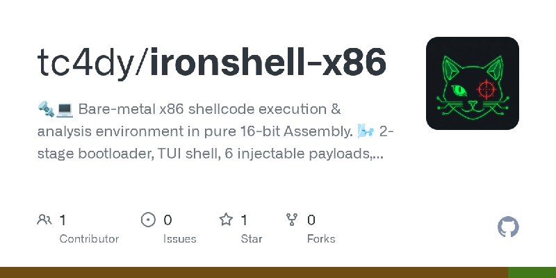 GitHub - tc4dy/ironshell-x86: 🔩💻 Bare-metal x86 shellcode execution & analysis environment in pure 16-bit Assembly. 🌬️ 2-stage…