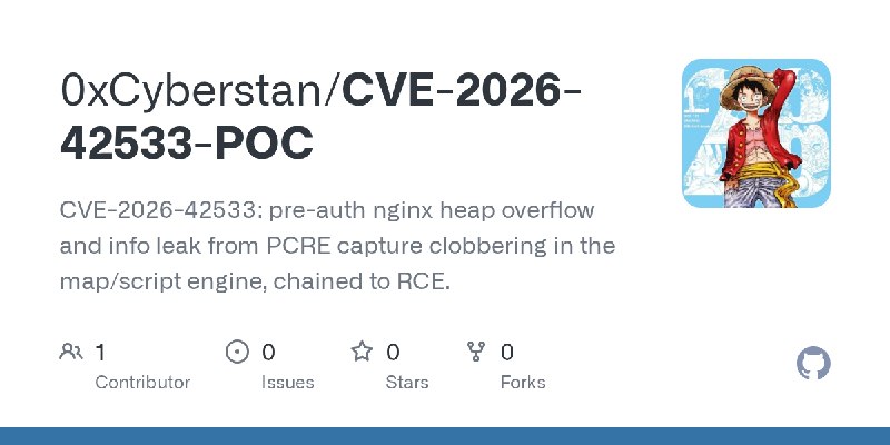 GitHub - 0xCyberstan/CVE-2026-42533-POC: CVE-2026-42533: pre-auth nginx heap overflow and info leak from PCRE capture clobbering…